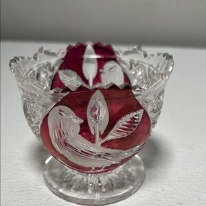 Vintage 50's Full Lead Crystal Ruby Red Byrdes Sugar Bowl by Hofbauer Germany